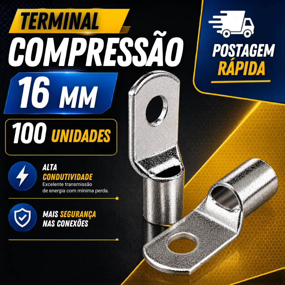 100 Terminal Compressão Olhal 16mm M8 , Argola Bateria Ponteira Conector Cabo 16mm