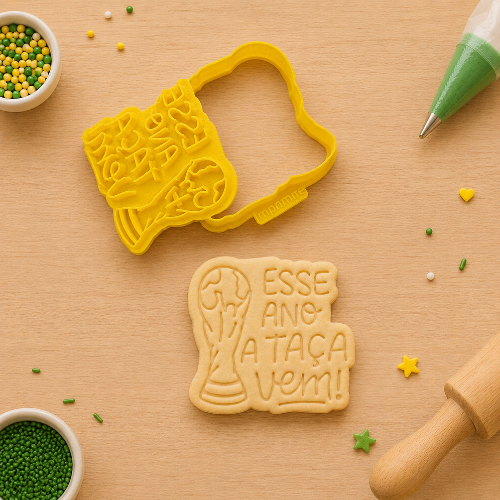 Cortador + Marcador para Biscoito e Pasta Americana Futebol Copa do Mundo Esse ano a taça vem