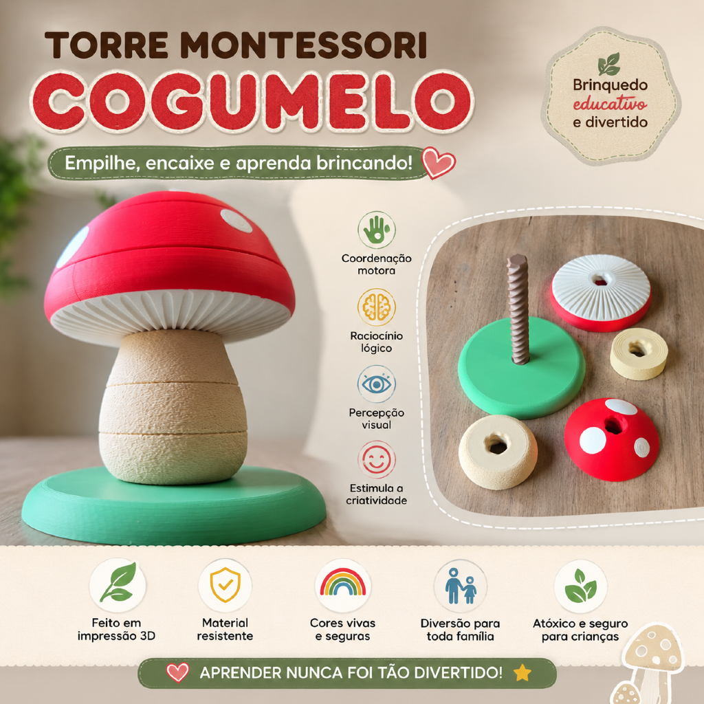 Torre Montessori Cogumelo | Brinquedo Educativo de Empilhar e Encaixar