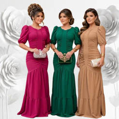Vestido Feminino Longo Social Moda Evangélica Plus Size Congresso Fardamento Do M ao XG Crepe Festa