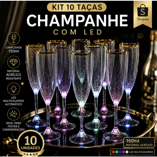 Kit 10/20/30 Taças Led Champanhe Glitter Linha Ouro Espumante Acrílico Balada Casamento Festa Evento