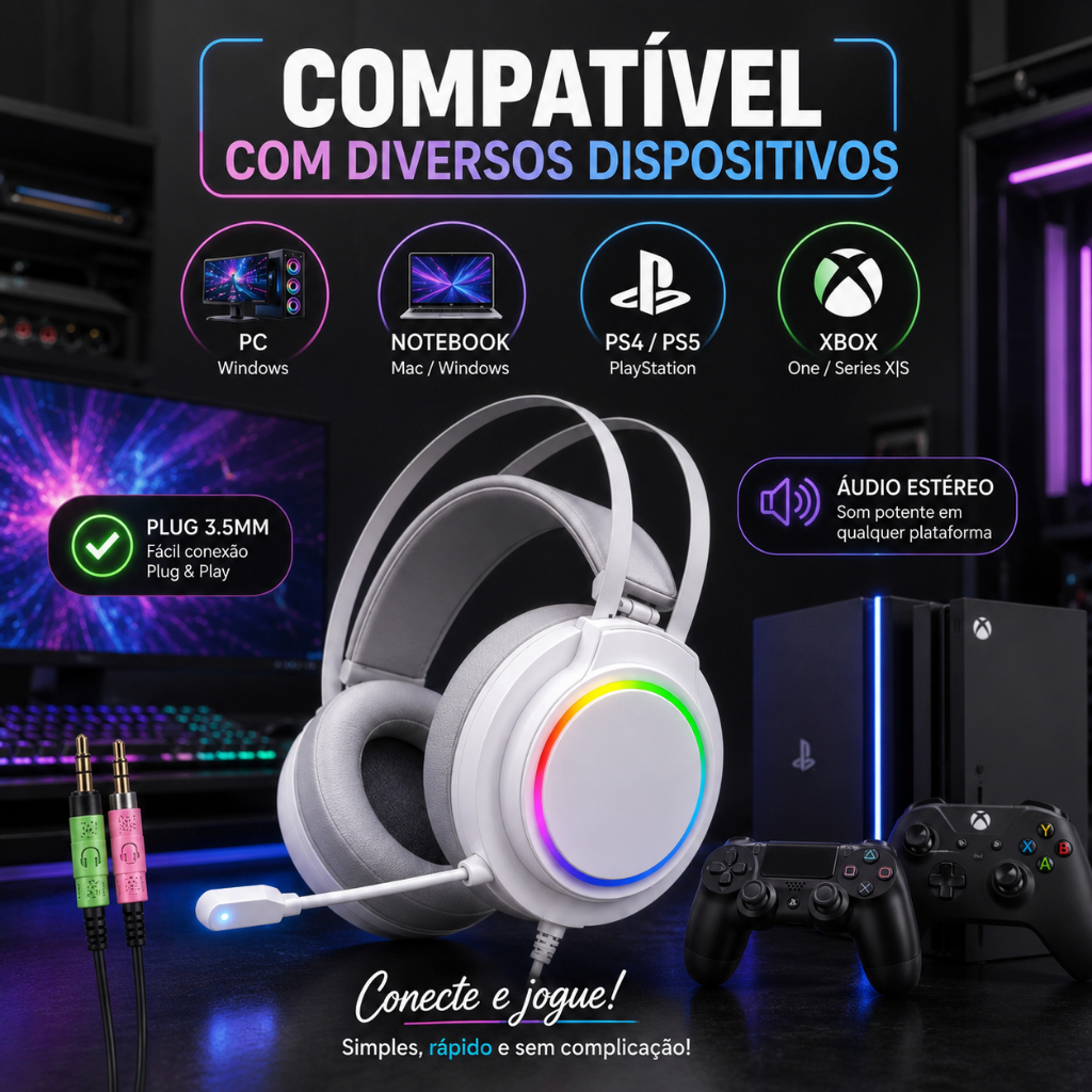 Fone Gamer Led RGB com microfone USB e P2 Para PC Computador Celular Headphone Videogame