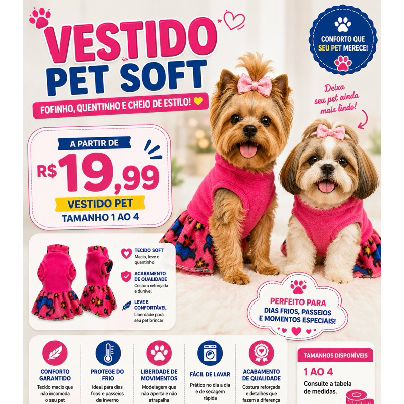💖 Vestido pet fofo Soft | Roupa Pet de Inverno | Tamanhos 1 ao 4.