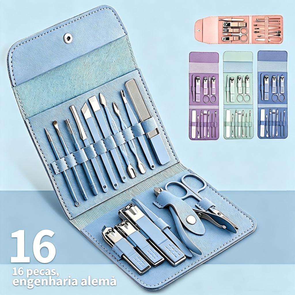 Cortador de Unhas Kit Manicure 12/16 Peças Aço Inoxidável Com Bolsa Dobrável