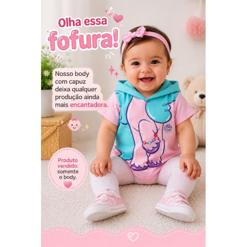 Roupa infantil de menina Body Feminino Unicórnio Rosa com Capuz 3D Manga Curta Bebê 1 e 2 Anos
