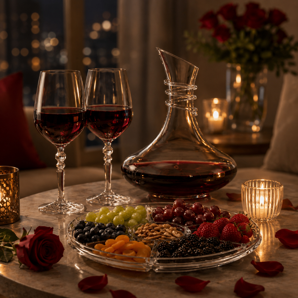 Kit Dia dos Namorados Premium, 2 Taças de Vinho, Decanter e Petisqueira de Vidro, 4pcs – Ruvolo