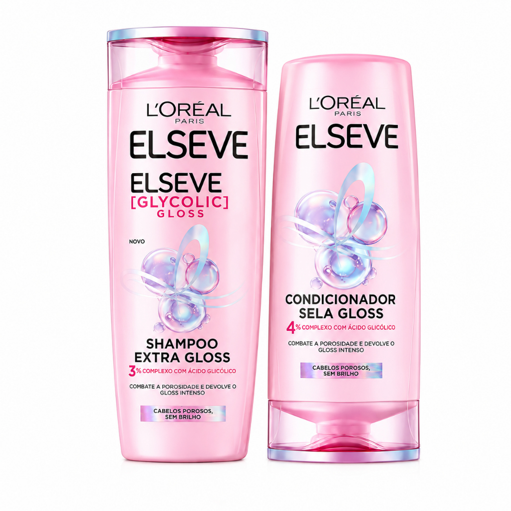 Kit Elseve Glycolic Gloss Shampoo Extra Gloss + Condicionador Sela Gloss Fios Brilho Intenso Maciez