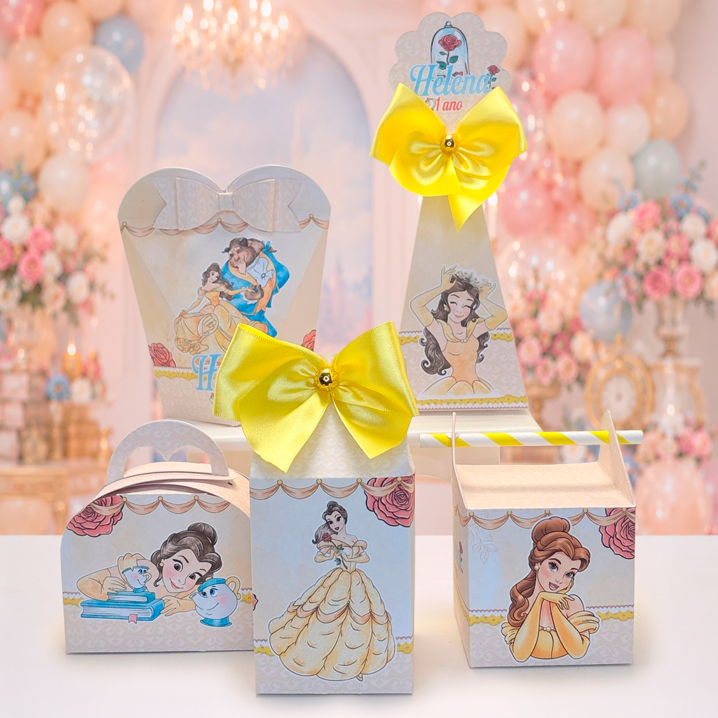 Kit Festa A bela e a Fera Aquarela Princesa Lembrancinhas Caixinha Milk Personalizada