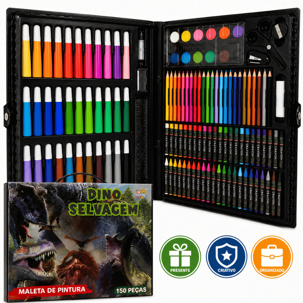 Maleta De Pintura Infantil 150 Peças Dinossauro Com Canetinhas Lápis Giz De Cera Tinta Guache Régua Cola Tesoura