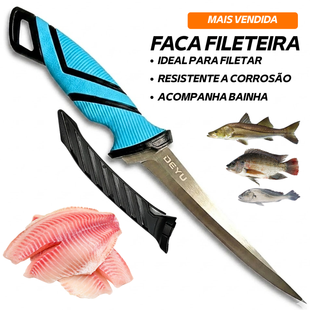 Faca Fileteira Peixe Caça e Pesca Aço Inox Bainha Afiador Filé Carne Frango Cozinha Sushi