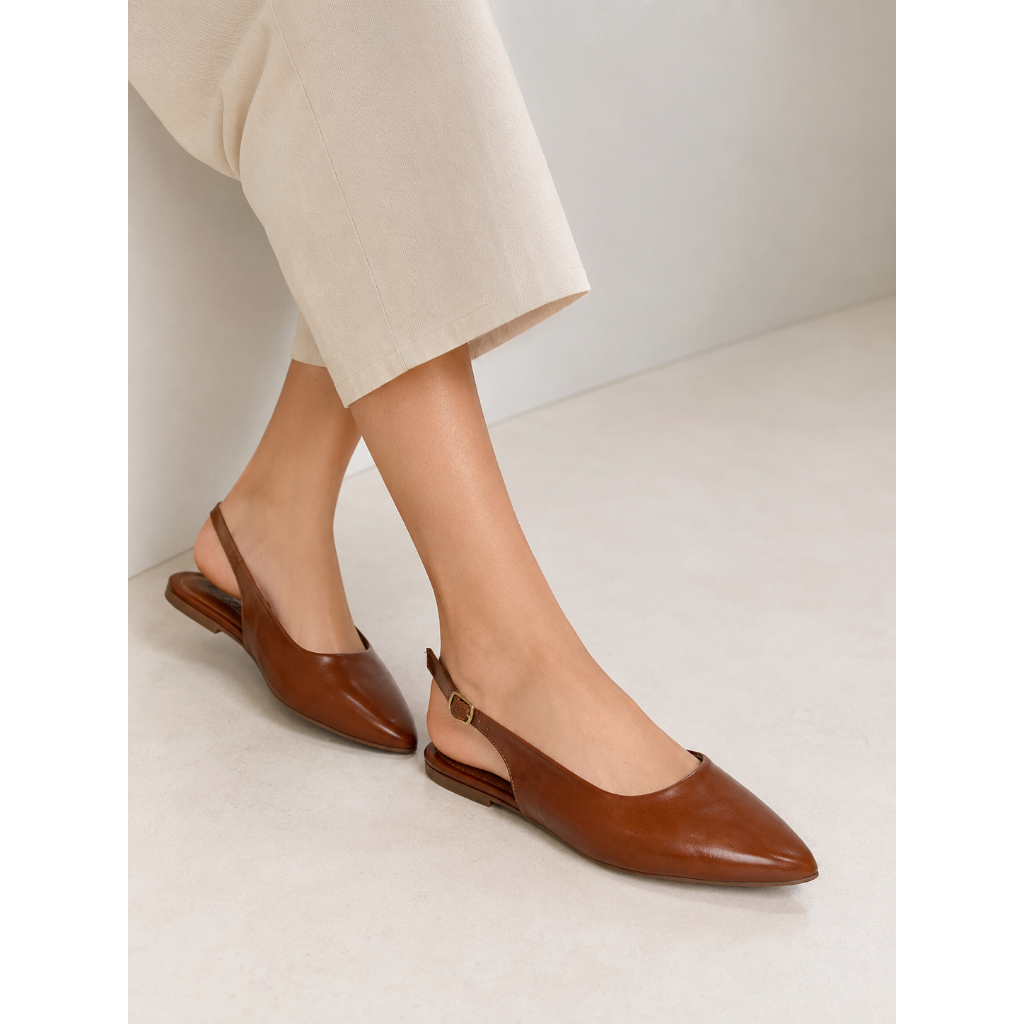 Sapatilha Bico Fino SlingBack com Fivela Verniz Texturizado Confortável Sandalia Feminina Rasteira Inverno