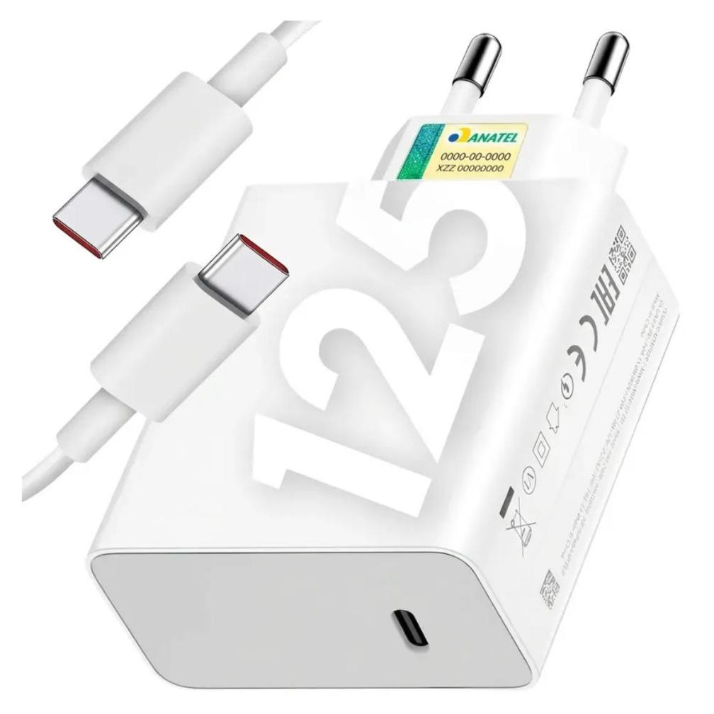Carregador Rápido 125W Fonte e Cabo Tipo C 6A Carga Ultra Rápida Compatível Com Xiaomi