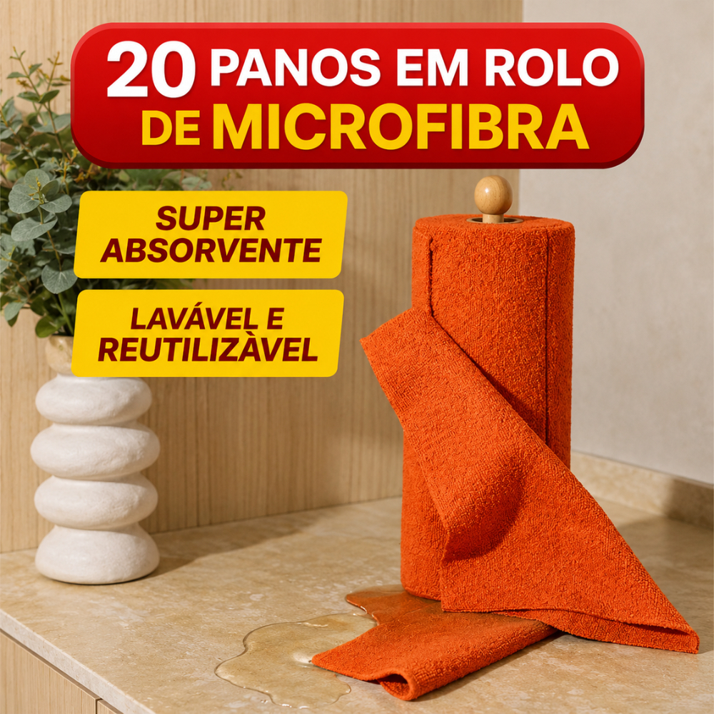 Pano Multiuso em Rolo Microfibra 20 Unidades 25x25 Lavável Reutilizável Alta Absorção