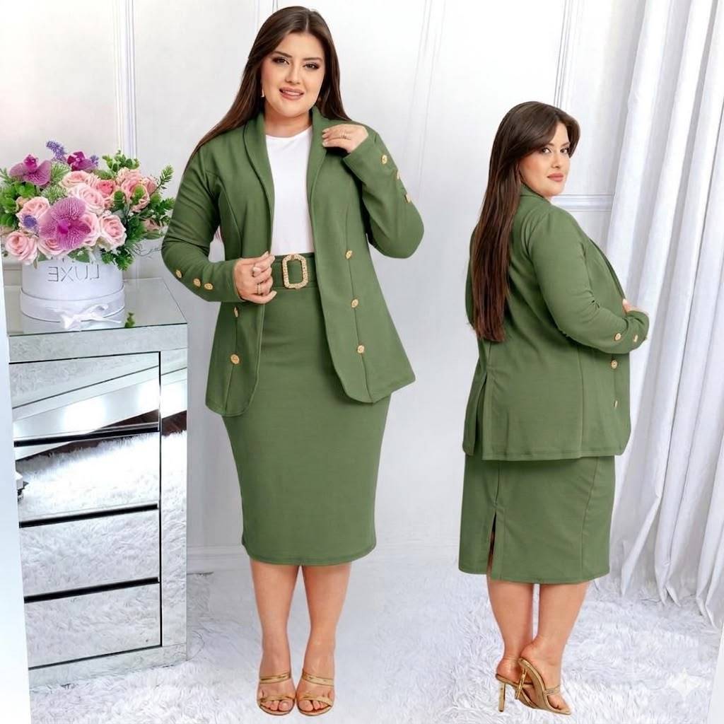 Conjunto Blazer Feminino Social Plus Size Saia Midi Com Cinto Moda Evangelica Congresso