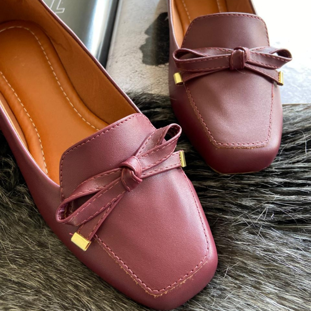 Sapatilha Bico Quadrado Feminina Confortável Mocassim Casual Com Laço