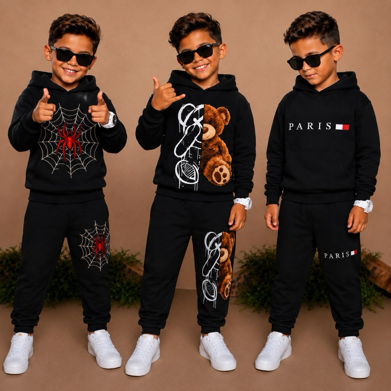 Conjunto de Moletom Infantil Feminino Masculino com Capuz Agasalho de Menina e Menino 2 ao 12