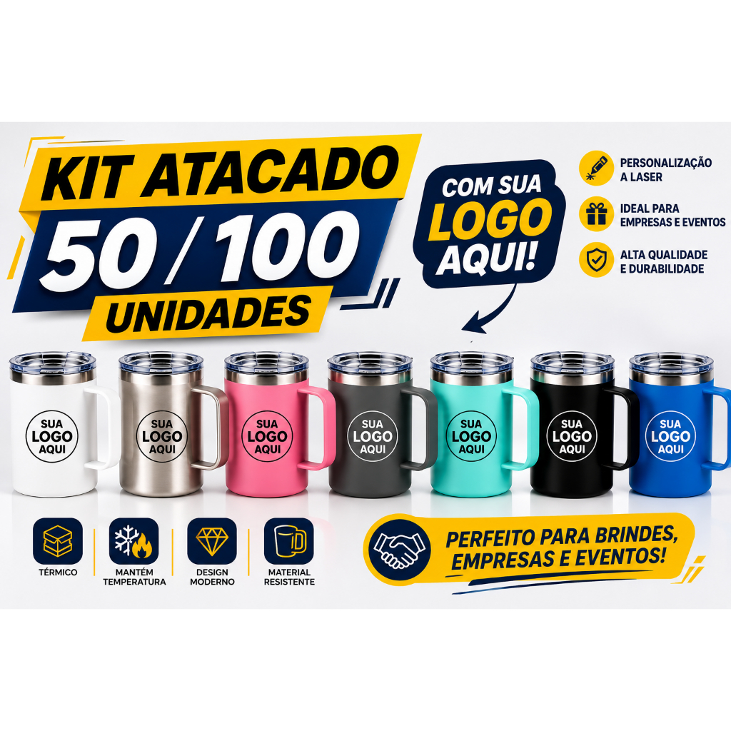 Kit 50/100 unidades Copo Térmico com Alça e Tampa Abre Fácil Caneca 350ml personalizado eventos aniversarios brinde