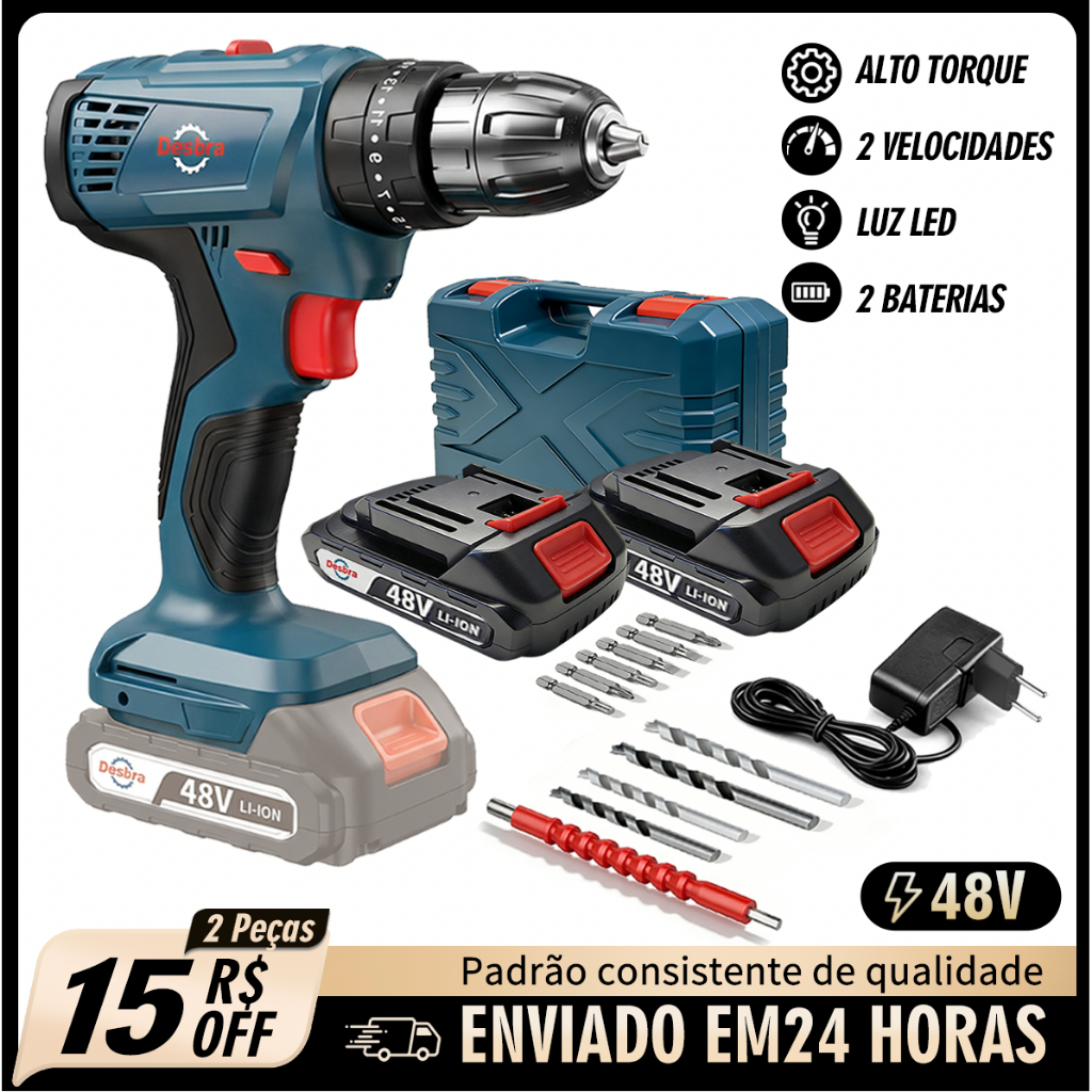 Kit Profissional Parafusadeira Furadeira 48V Brushless Sem Fio com Maleta,Acessorios e 2 Baterias Leve Potente