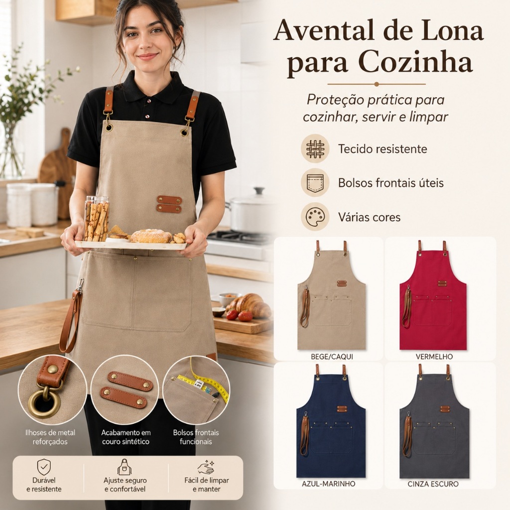 Avental de Lona Cozinha Lavanderia com Bolso Frontal Alça Gancho Ajustável Várias Cores