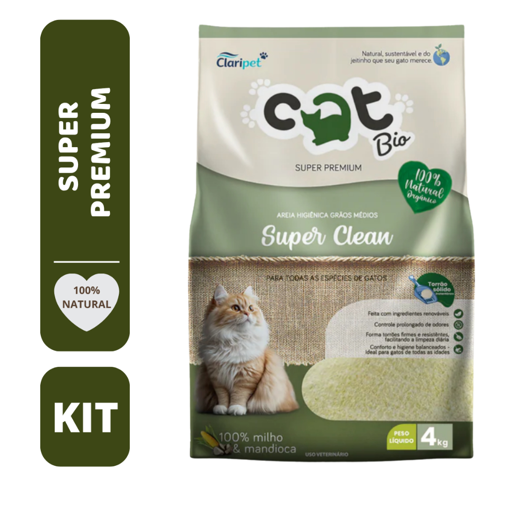 AREIA HIGIÊNICA BIODEGRADÁVEL PARA GATOS SUPER CLEAN PREMIUM CATBIO MILHO E MANDIOCA 8 KG 12 KG 16 KG - ENVIO IMEDIATO