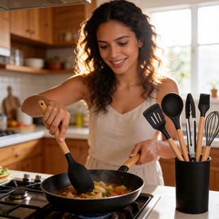 Kit Utensílios de Cozinha Silicone Cabo Madeira 12 Peças Resistente 480°C Antiaderente Kit Cozinha Completo