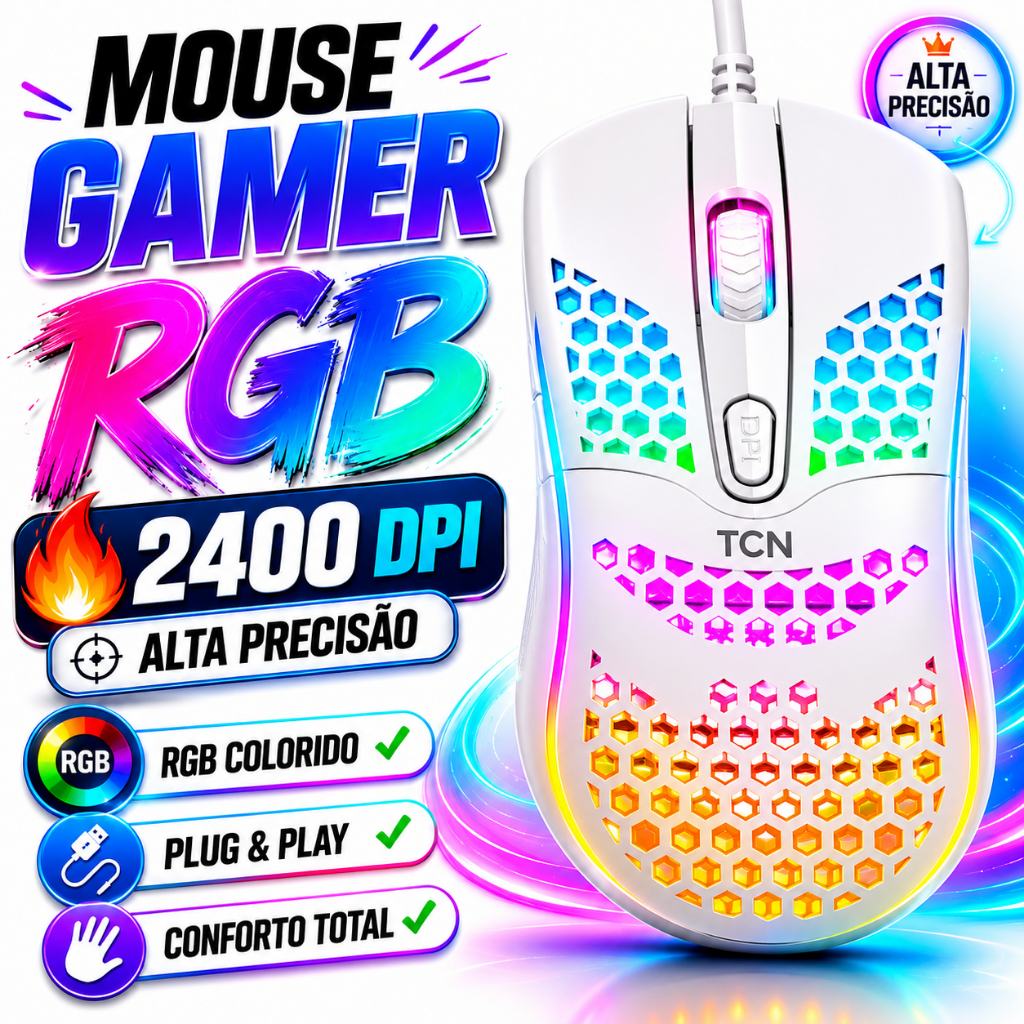 Mouse Gamer TCN RGB Branco 1000 DPI USB Com Fio LED Alta Precisão PC Notebook
