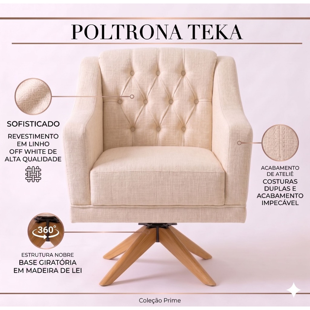 Poltrona Teka Giratória Linho Off White Luxo Premium Capitonê