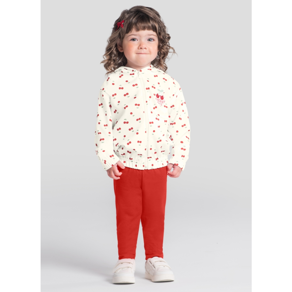 Conjunto Infantil Feminino Jaqueta e Calça Legging Estampa Cereja Inverno