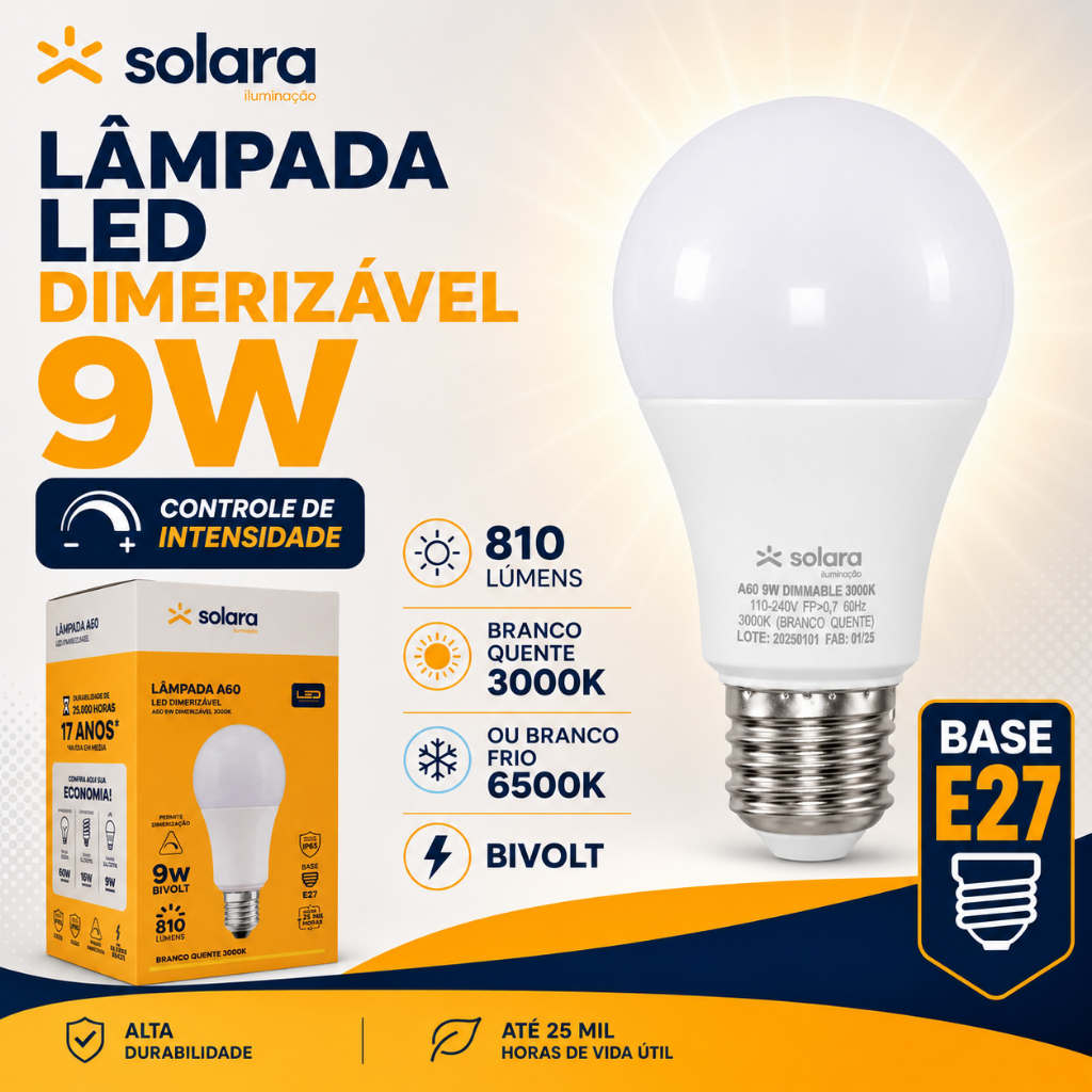 Lampada LED 9W Dimerizável Branca/Amarela Aviário Granja 6500k 3000k Bulbo E27 Econômica Solara
