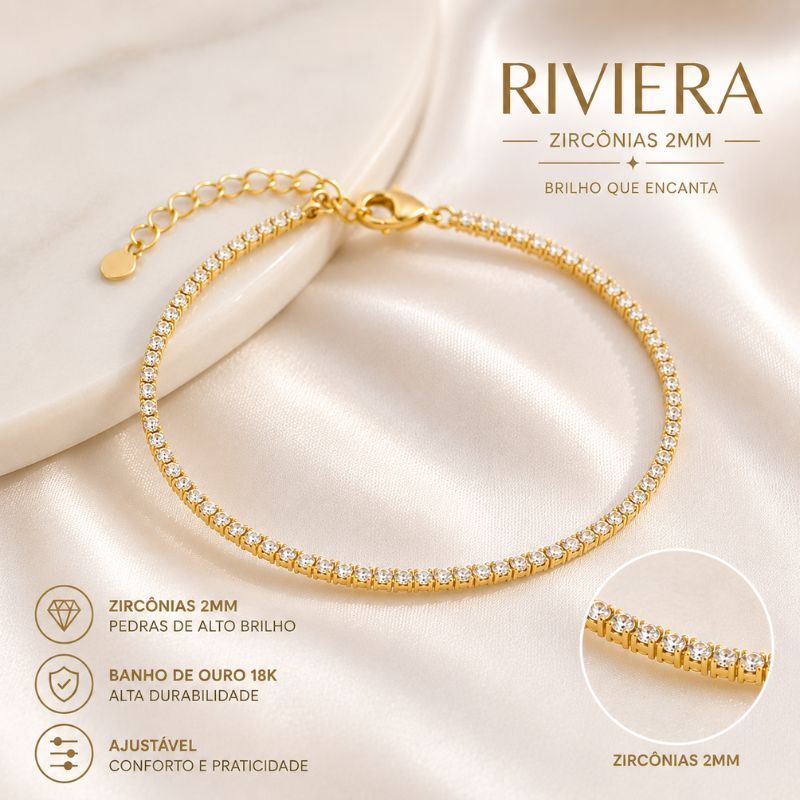 Pulseira Riviera Zircônia Delicada Feminina Dourada Ajustável Brilho Luxo Elegante Festa Casamento