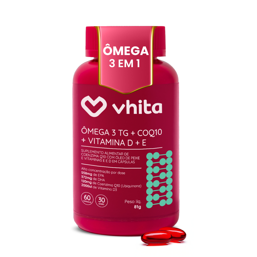 Ômega 3 1000mg  Vitamina D e Coenzima Q10 – Suplemento 3 em 1  60 Cápsulas