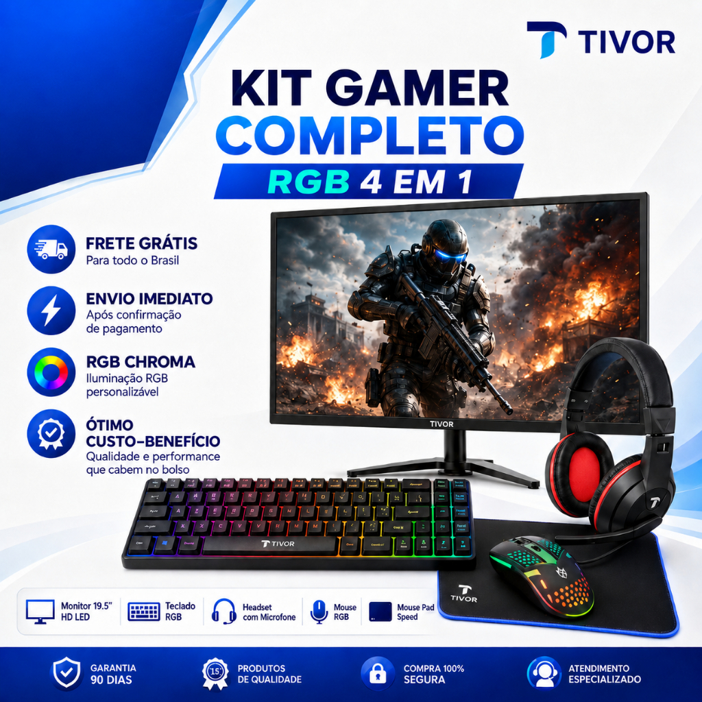 Kit Game Monitor 19 Polegada 60Hz, 5ms, HDMI/VGA + Evolut Eg-54 teclado, Mouse, Mousepad E Headset RGB