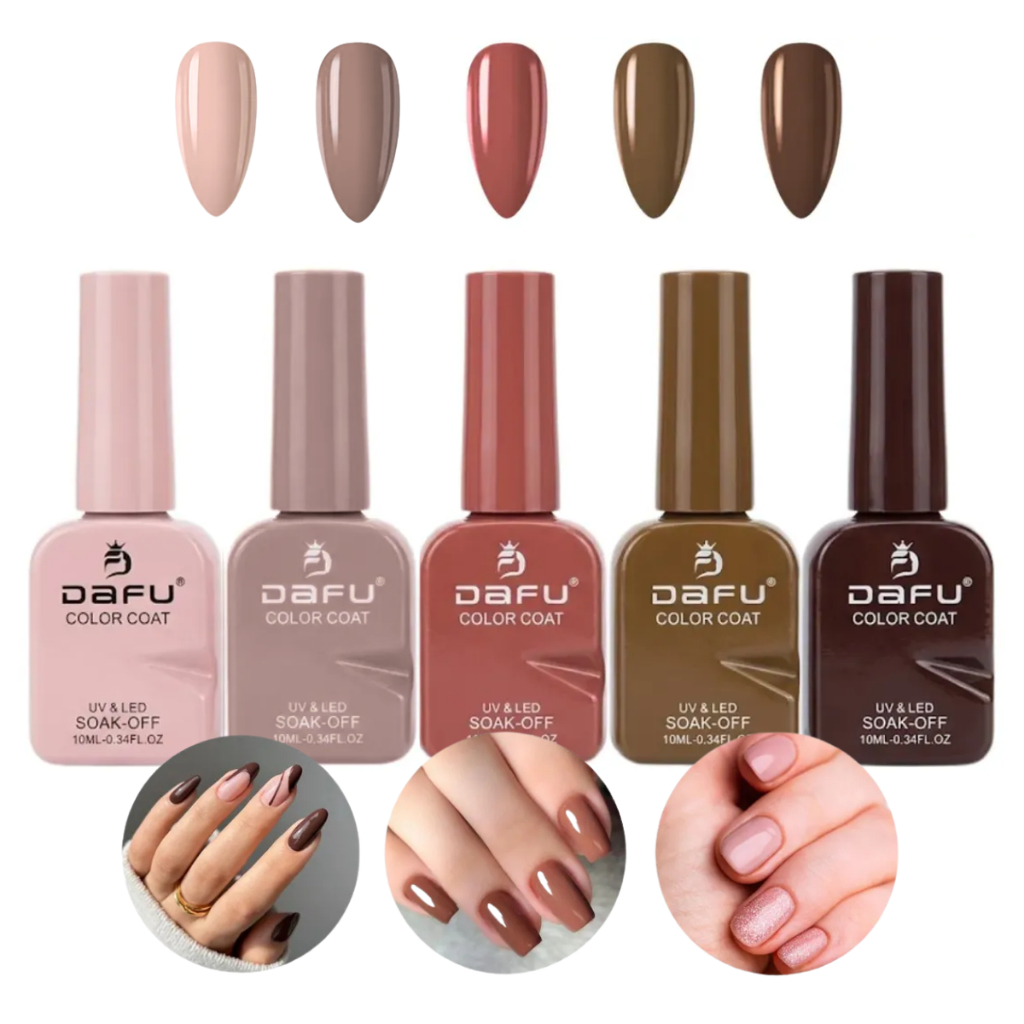 Conjunto de cinco frascos de esmalte em gel DAFU em tons de marrom e nude, acompanhados de amostras das cores em pontas de unhas postiças e exemplos de aplicação.
