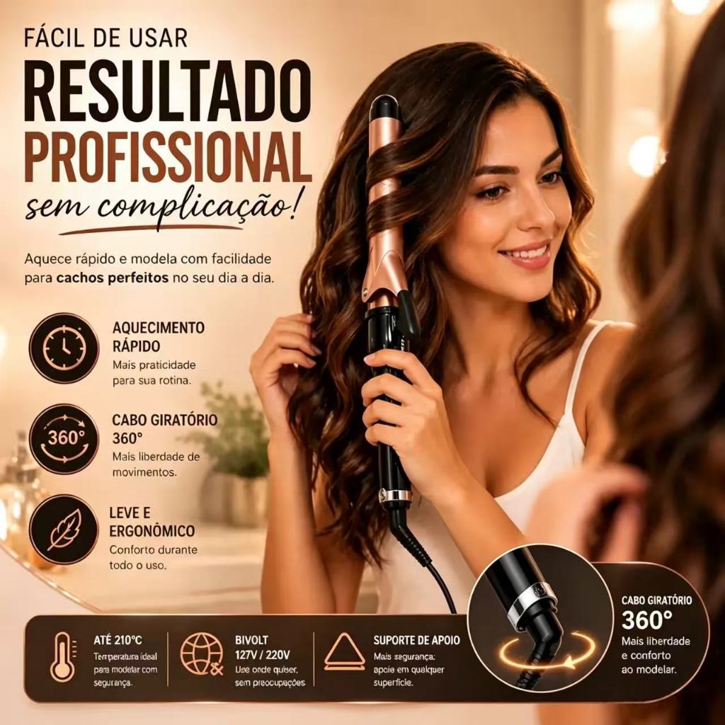 Modelador de Cachos 25mm Aquecimento Rápido Bivolt Cabo 360°