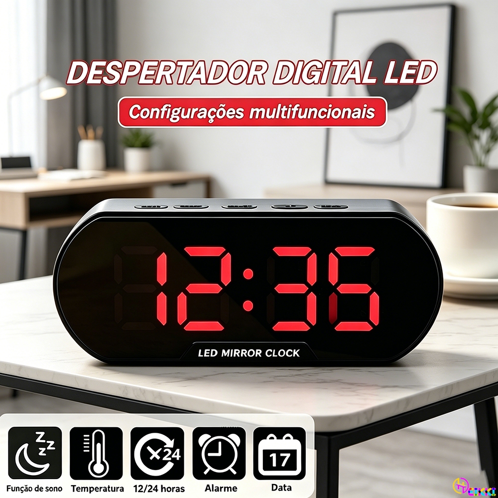 Despertador LED Espelhado Multifuncional Relógio Digital De Mesa Para Cabeceira Com Alarme Temperatura E Função Soneca
