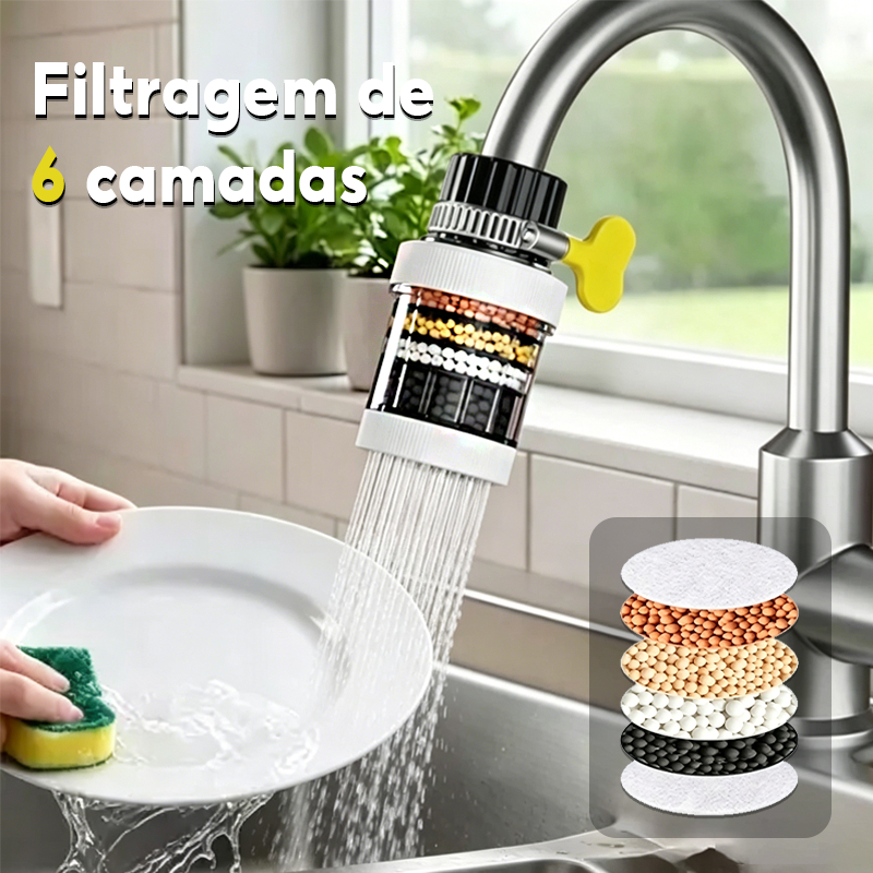 Interface universal para torneira, filtro de água de 6 camadas, removível e lavável, adequado para cozinhas e banheiros.