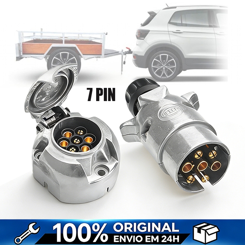 Kit Tomada Macho e Fêmea para Reboque/Carretinha - 7 Pinos - Conector Elétrico para Engate Cromado