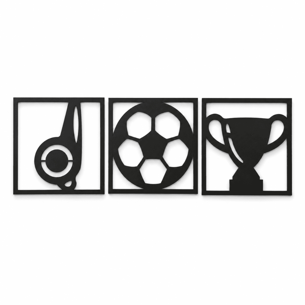 Kit 3 Quadros Decorativos Futebol MDF Preto 3mm Apito Bola Troféu Para Sala Quarto Parede
