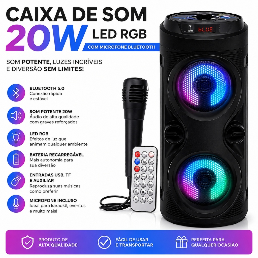 Caixa De Som Com Microfone Portátil Bluetooth Rádio Fm Usb Sd Controle Remoto Microfone Torre Preta
