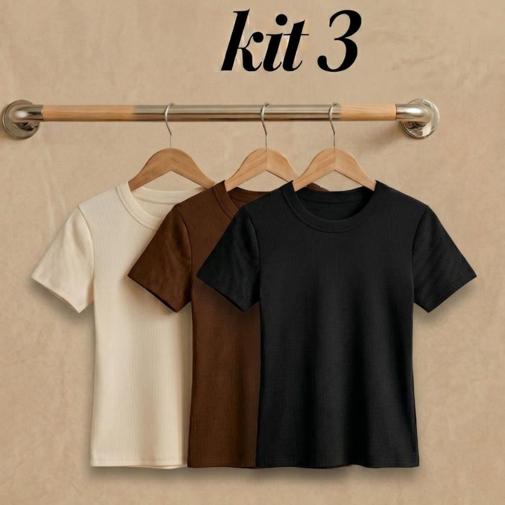 Kit 3 Blusa Feminina Marrom T-Shirt Camisa Curta Feminina Ribana canelada  Basica elegante Lisa Estilosa
