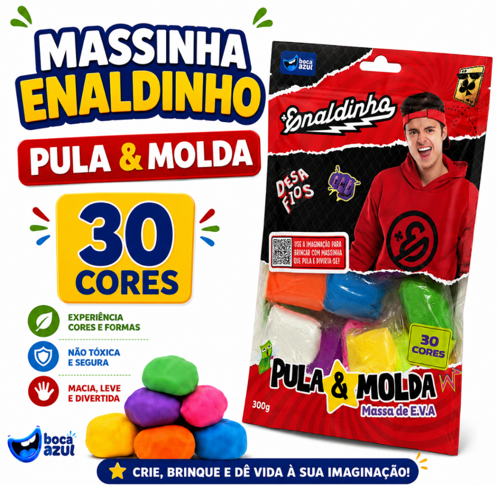 Massinha de Modelar EVA Enaldinho Pula e Molda com 30 Cores da Boca Azul Meninos Meninas 0 a 3 anos
