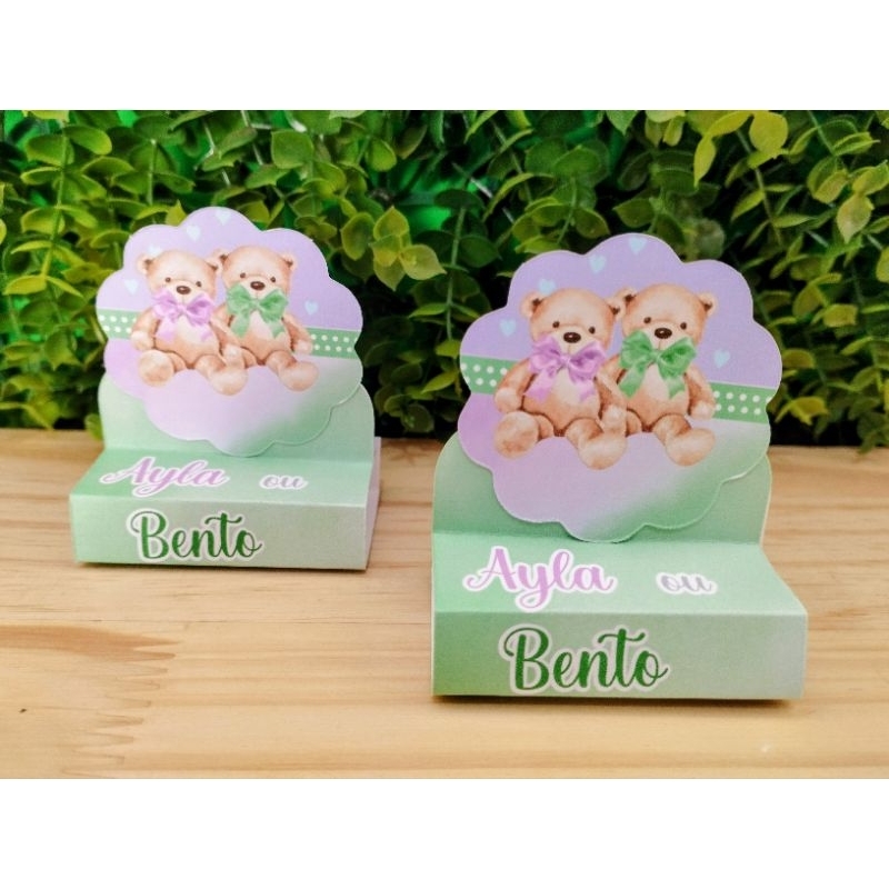kit Porta Bis duplo Chá Revelação verde e lilás lembrancinhas personalizadas festa aniversário Pegue e Monte