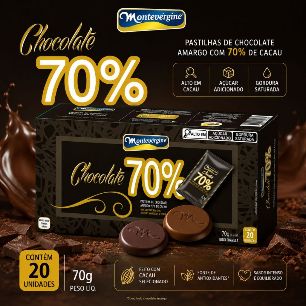 Pastilhas Chocolate 70% Cacau 70g 20 Unidades por caixa Montevérgine