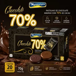 Pastilhas Chocolate 70% Cacau 70g 20 Unidades por caixa Montevérgine