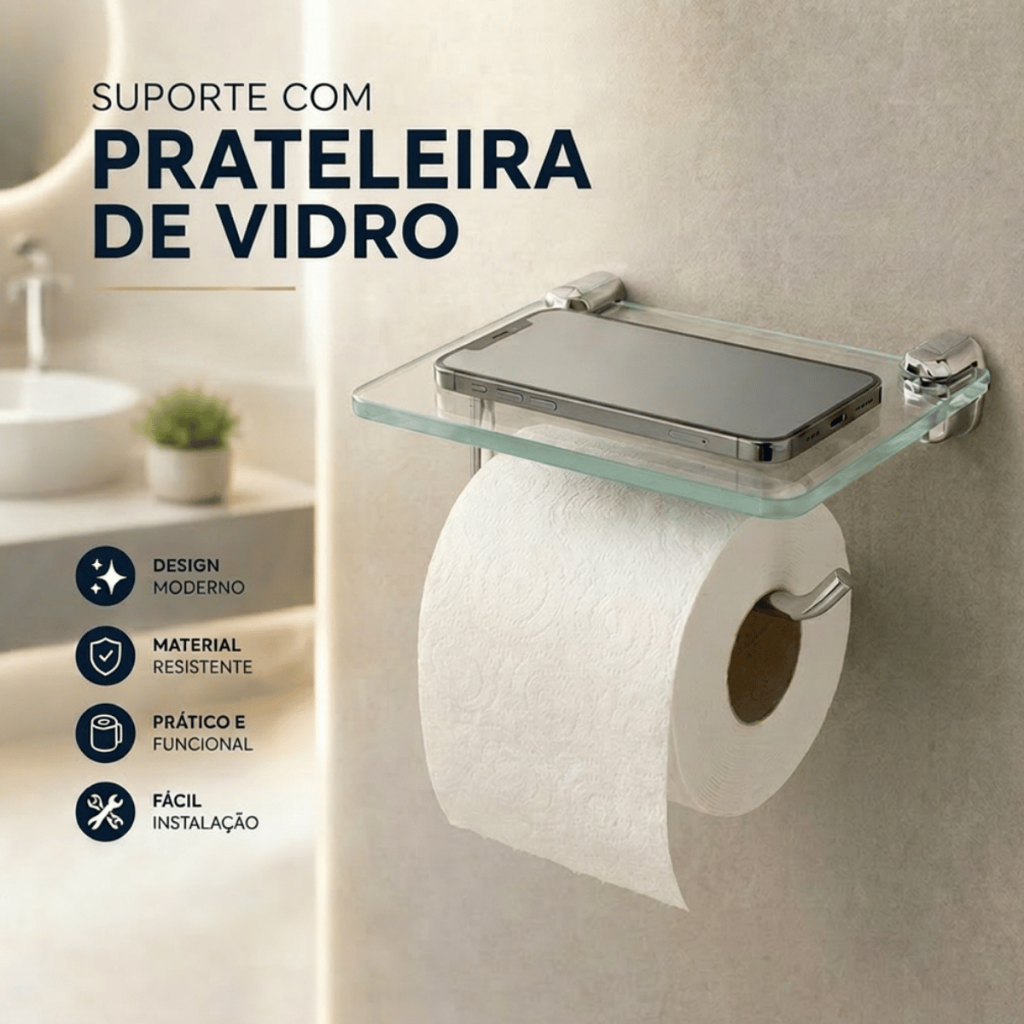 Suporte Porta Papel Higiênico com Prateleira Vidro 6mm Preto Fosco Metal para Banheiro