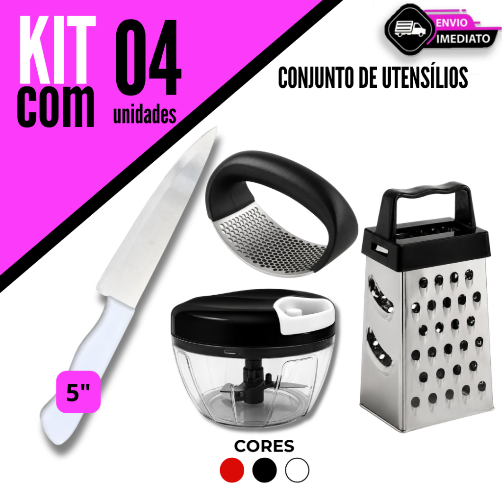 Conjunto Utensílios de Cozinha 4 Itens Ralador Faca Processador e Amassador