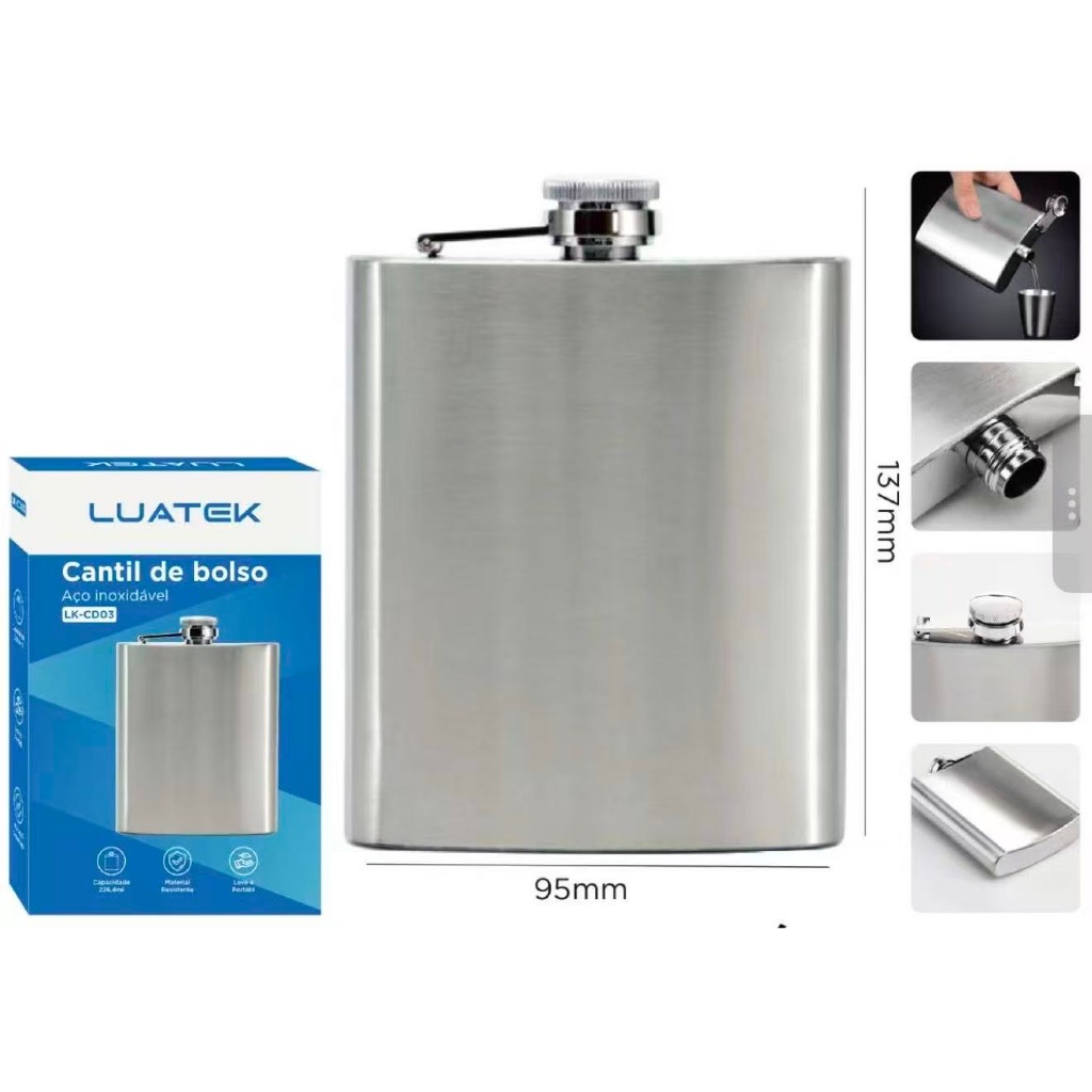 Cantil de Bolso Porta Bebidas Aço Inox 226.1ml Luatek.
