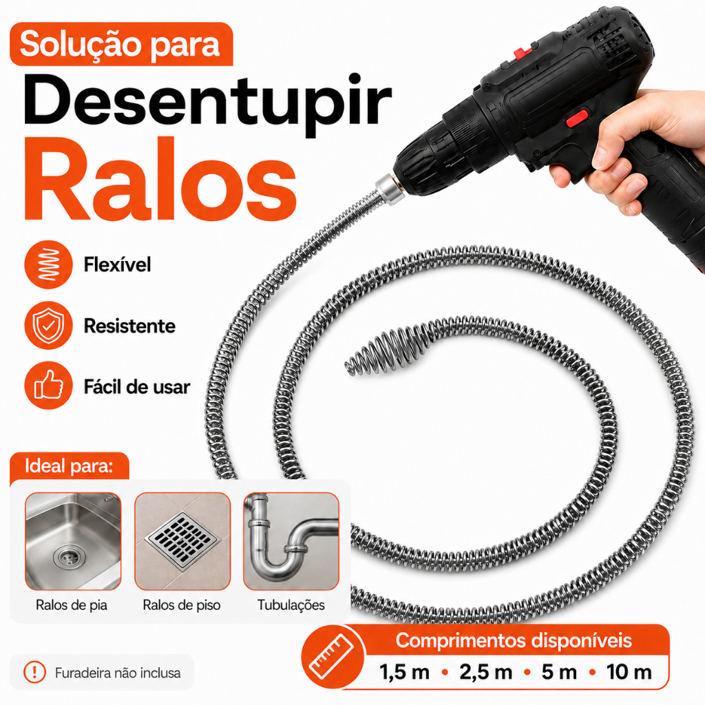 Desentupidor de Pia Rotativo com Adaptador para Furadeira Cabo Flexível Ralo Banheiro Cozinha