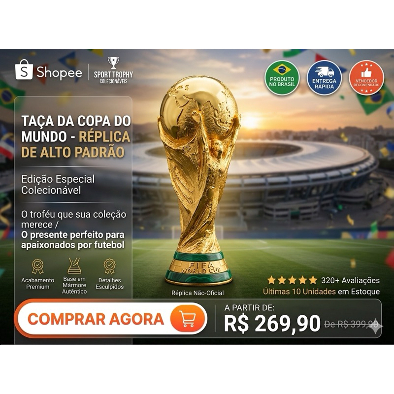 Réplica Taça Copa Do Mundo Fifa Futebol Decorativa Luxo Colecionador Tamanho real 36cm