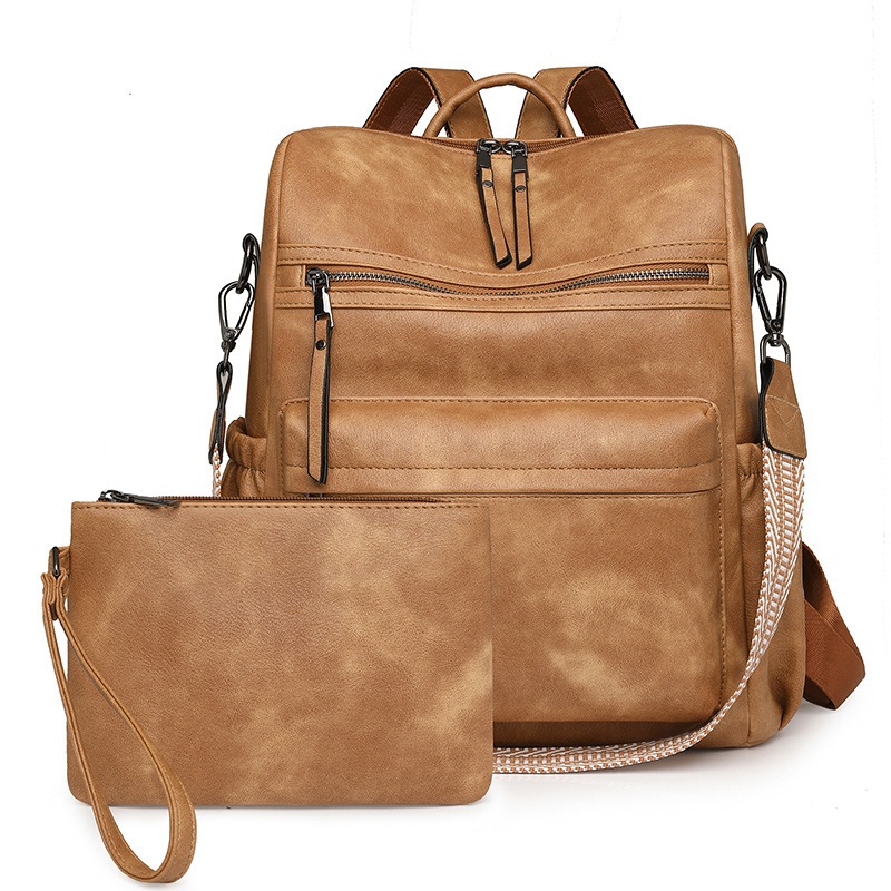 Kit Mochila Feminina Grande Vintage em PU com Necessaire, Bolsa de Costas Multifuncional Casual